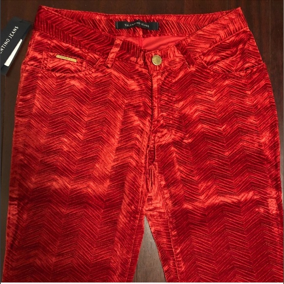 Valentino Red Crushed Velvet Jeans with Branded Button Vintage - Picture 3 of 9